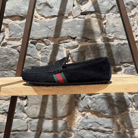 Gucci Black Suede Web Accent Driving Loafers - Picture 6 of 13
